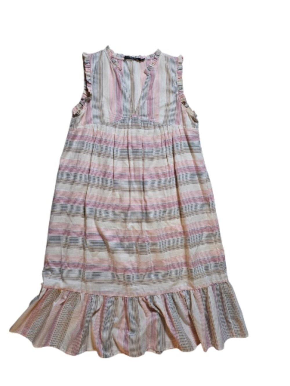 Doe & Rae Striped Midi Dress Small Boho Ruffle Hem Sleeveless Cottagecore